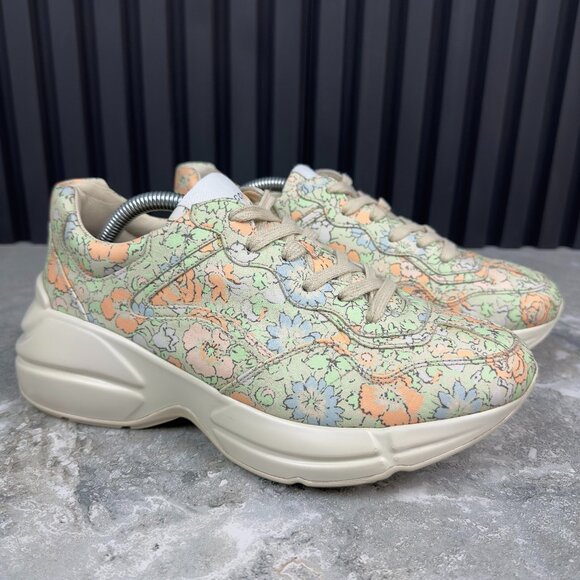 GUCCI Liberty Rhyton Floral Muticolor Canvas Sneaker Leather 8.5 US 38.5 EUR - Picture 4 of 16